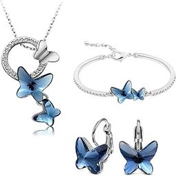 Italian Designer Platinum Plated Crystal Butterfly Earrings Chain Pendant Necklace Combo Jewellery Set for Women and Girls (Blue) (14603s)-24