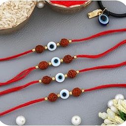 Set of 4 Evil Eye & Rudraksh Rakhi for Bhai – Red Thread Protective Raksha Bandhan Rakhi for Brother with Roli Chawal & Evil Eye Bracelet-4