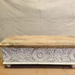 Solid Mango Wooden Handcarved Storage Trunk | Center Table with Storage Box For Living room, Bedroom & Home, White Finish, (120 x 40 x 45 cm)-28
