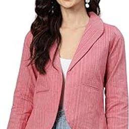 Women Pink Striped Single-Breasted Pure Cotton Casual Blazer-image-42