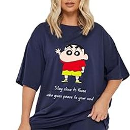 Shinchan Graphic Oversized Graphic T-Shirt for Women ? Cute Bear Print Navy Blue Tee ? Funny & Sassy Casual Cotton T-Shirt-image-88