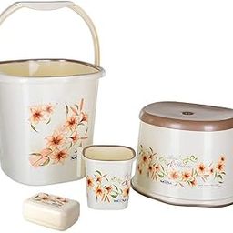 Nayasa Plastic Bucket with Matching Mug, Stool/Patla and Matching Soap Case, Off White, 25 L (4 Pieces)-26