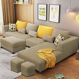 Casaliving Minta 8 Seater L Shape Sofa Set with Ottoman & 2 Puffy Set for Living Room (Cream Fabric) Right Side-image-60