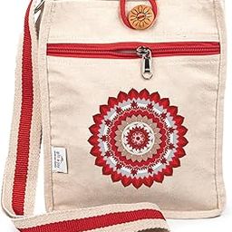 Mandala Canvas Crossbody Sling Bag with Red Mandala Print, Beige and Red-picture-15