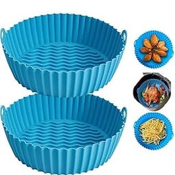 LIJIE 2 Pack Air Fryer Liners I Round Silicone Basket Baking Tray I Pot with Ear Handles I Nonstick Reusable Heat Resistant I Cooking Oven Insert Accessories | Blue Colour-20