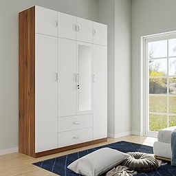 VIKI Wardrobe | Wooden Almirah for Clothes,Door for Bedroom with Loft, 4 Door Wardrobe with Drawer, Mirror & Hanging Space (Brussel Walnut with White - 40Dx160Wx180H)|1 Year Warranty|Free Assembly-picture-25