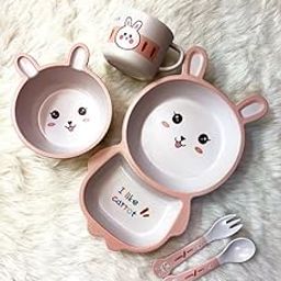 Bamboo Street 5 Piece Plastic Free Baby Feeding Set | Plate - Bowl - Cup - Fork - Spoon | Kids/Baby Crockery Tableware | Made of Bamboo| | Eco-Friendly |Organic & Natural | Running Rabbit (White)-16