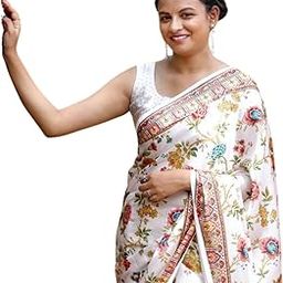 Womens New Latest Bollywood Fancy Soft Satin Silk Floral Printed Saree with Blouse-image-16