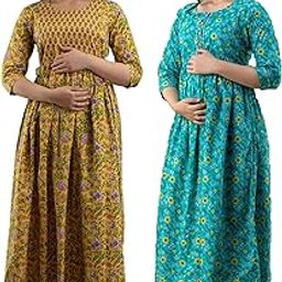 HRK VEMON Women's Pure Cotton Printed Maternity Gown Feeding Nighty A-line Feeding Dress Kurti Gown for Women Pack of 2-image-41