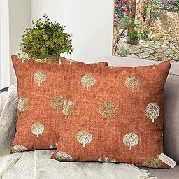 BLUE GRASS Digital HD Foil Tree Print Velvet Cushion Cover - Set of 2|| Rust || Size : 12x12 Inches.-23