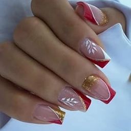 FWS Artificial Nails (Set Of 20) Press On Reusable Nails,FakeNails, BridalNails,Stick-On Nails,Manicure Art Set, Gel Stickers, Glue Extensions, Acrylics,Polygel False Nails,DesignerNails (Nude,Red French Glitter Ombre Leaves)-32