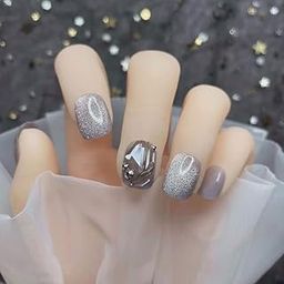 Secret Lives® designer cats eye artifical nails extension grey color 3D stones fake nails design 24 pieces set with manicure kit-14