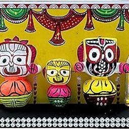 FernHaus Lord Jagannath, Balabhadra, Subhadra Idol with Sudarshan Chakra Statue in Wooden Stand, for Home Decor Mandir Pooja Religious Murti Temple Puja Office Table Showpiece (Multicolour2)-1