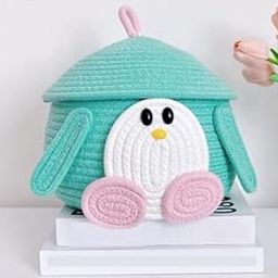 Multi-Purpose Cute Jute Basket with Lid Storage Baskets for Bathroom Living Room & Kitchen Organiser Box Vanity Box First Aid Box (Penguine), 5 Centimeters,(20L x 15W x 20H cm),-image-74