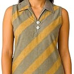 Sleeveless Diagonal Striped Collared Top, Grey and Yellow, Decorative Button Detail-image-18