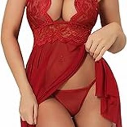 Women’s Lace Keyhole Front Sleeveless Babydoll Lingerie Set with Thong Panty in Net Fabric Female Wedding Nightgown for Honeymoon and Anniversary-image-30