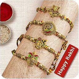 eCraftIndia Set of 4 Lord Ganesha, Peacock, Krishna & Kalash Designer Rakhis with Roli Chawal Pack and Happy Rakhi Wooden Cutout - Rakhi for Brother-2