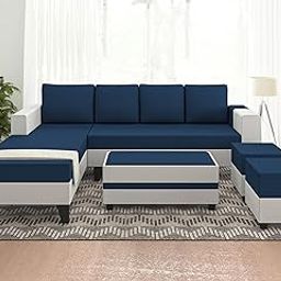 SIYA ART Left Facing Upholstered L Shape 8 Seater Sofa Set | Sectional Swed Fabric Sofa Set with Centre Table, 2 Puffy Ottomans and 4 Small Pillows for Living Room & Drawing Room (Blue & White)-image-65