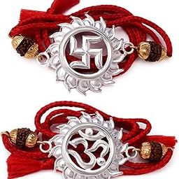 BIS HALLMARKED 99.5% Fine Silver OM SWASTIK RAKHI (COMBO) with Roli (KumKum) Chawal.-image-5