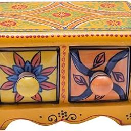 SHRIYAM CRAFT Embossed Painting Handmade Wooden and Ceramic 2 Drawers Small Chest Jewellery Organizer Desk Table (Yellow)-image-95