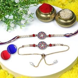 Garth Fridge Magnet with Rakhi for Brother & Bhabhi – Round Floral Multicolor Rakhi for Bhai 1 Pc & Lumba for Bhabhi 1 Pc with Silver Color Coin & Greeting Card, Traditional Raksha Bandhan Combo-image-85