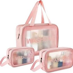 House of Quirk Clear Toiletry Bag, Wash Make Up Bag PVC Waterproof Zippered Cosmetic Bag, Portable Carry Pouch for Women Men (Set of 3 Bag Pink)-image-36
