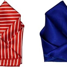 Men’s Satin Pocket Square Set – Red with White Stripes & Royal Blue Solid-picture-9