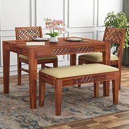 KENDALWOOD™ Furniture Sheesham Wood Dining Table (34x34) with 2 Chairs 1 Bench | 4 Seater Dining Set | Wooden Dining Table with Chair | Dining Room Furniture |Honey Finish with Cream Cushions-image-45