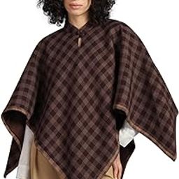Women's Poncho Top with Woven Checks, Soft Cashmelon Wool with Inner Lining, Mandarin Collar with Loop Button (Free Size- fits Medium to XL)-24