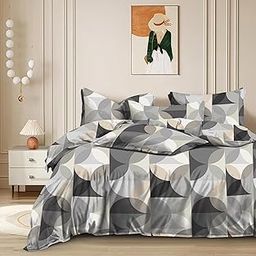 Slazie Combo of 300 TC Double Bed Duvet Cover with Zipper(90 * 100IN) & Matching Floral Double Bed Elastic Fitted Bedsheet with 2 Pillow Covers(72x78x8 in)|Double BEDSHEET Cover (Grey Geometric)-image-98