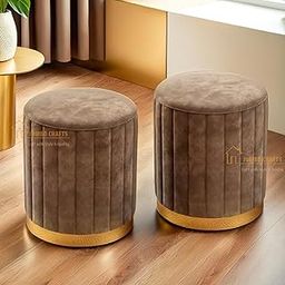 Puffy Stool for Living Room | Pouffe for Sitting | Round Wooden Stool - (Brown 2, Set of 2)-image-61
