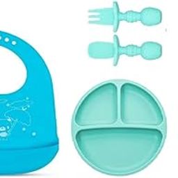 BabyGo Silicone Suction Plates Solid for Baby&Toddler| Large Crumb Pouch| Fork,and Spoon Cutlery Set|Easy Wipe Clean|Baby Feeding Sets for Babies and Toddlers (6 Pcs),Blue-picture-26