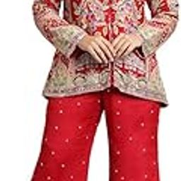 Women's Red Embroidered Palazzo Set, Traditional Floral Design, Long Sleeve Top with Bell Bottom Pants-picture-10