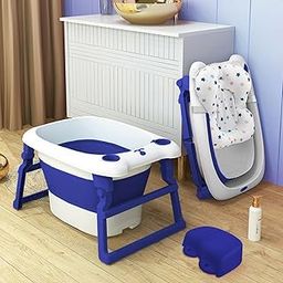 StarAndDaisy 2-in-1 Bath Tub for Baby with Bathing Chair & Cushion/Foldable Bathtub for New Born Baby to Kids 0-6 Years Girls and Boys, Space Saving Design & Fast Drainage (Blue)-image-98
