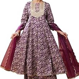 Women's Violet Cotton Floral Printed Anarkali Kurta with Palazzo and Dupatta-image-82