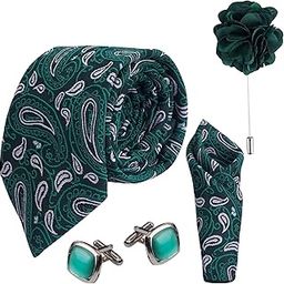Pasiley Green Design tie micro print fine Necktie Gift Set With Pocket Square, 2 pcs Cufflinks & Lapel Pin Formal Tie With (Leatherite Gift Box) (Pack of 4 pcs) (Green & Black)-image-5