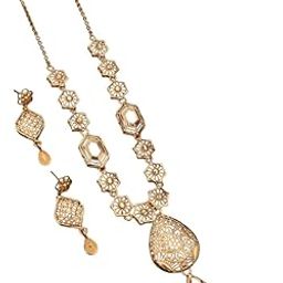 Women's Elegant Gold-Plated Floral Necklace and Earrings Set, Statement Jewellery with Teardrop Design-image-46