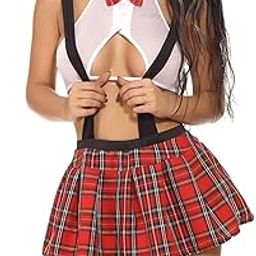 Women's Cotton Sexy Schoolgirl Uniform Dress Babydoll Set Role Play Mini Plaid Skirt Dress (White_M)-image-98