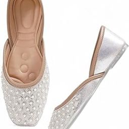 Froh Feet Women Ethnic Flats – Pearl & Stone Embellished Comfort Slip-Ons For Party & Festivals-image-16