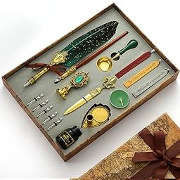 HASTHIP® Quill Pen and Ink Set, Calligraphy Feather Pen with Wax Seal Stamp, Includes Feather Dip Pen, Ink, 5 Replacement Nibs, 3 Wax Seal Sticks,Pen Nib Base,Seal Stamp, White Wax,Spoon (Green)-5