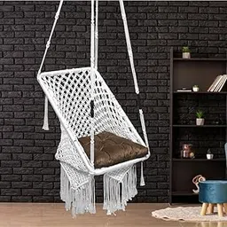 Patiofy Premium Square Swing for Adults for Home/Swing for Balcony/Swing for Kids/Hammock Hanging Swing Chair/Swing for Garden/includes Free Brown Square Cushion & Hanging Kit/150Kg Capacity-White-picture-18