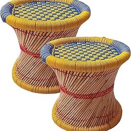 Lavanya Enterprises Rajasthani Handmade Cane Wood Bamboo Mudda for Living Room, Balcony (15X16 in) | Pack of 2 Sitting Stool/Chair for Outdoor/Indoor Furnishing (Yellow and Blue)-picture-0