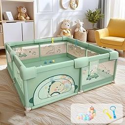 Dawnwake Large Playpen 150 x 180 cm For Baby up to 4 Years Playard with Pit Balls and Anti-Fall Grasp Rings, Kids Activity Center with Safety Lock & Suction cups (No Mat/Cushion, Non-Foldable) - Green-image-60
