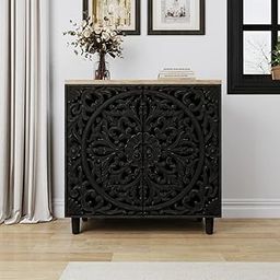 The DIQSHCET Carved Solid Wood Cabinet with Black Floral Design 2-Door Storage Accent Cabinet for Living Room Entryway – Stylish Wooden Sideboard-image-26