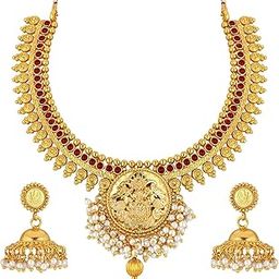 Temple Jewellery 18K Gold Plated Goddess Laxmi Pearl Necklace with Jhumki Earrings for Women Girls-image-19