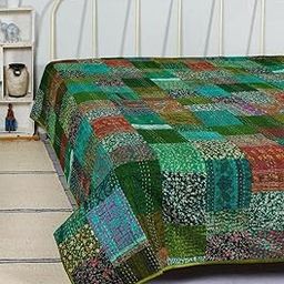 Handycraft India Patchwork Kantha Quilt, Throw Handmade Silk Patola Kantha Bed Cover, Handcrafted Bedding Bedspread,Vintage Hand Stitch Gudri, Green (King 108 x 108)-image-40
