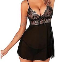 Mountedge Women's Lace and Net Dress above knee Babydoll with G-sting Panty-image-97