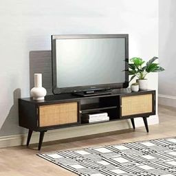 Modern TV Stand Entertainment Media Console in Black Finish with Rattan Doors – Mid-Century Design Cabinet for Living Room or Bedroom-image-23
