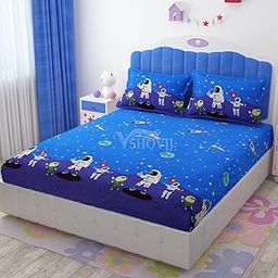 SHOVIJ Glace Cotton King Size Elastic Fitted Bedsheet for Double Bed (72 x 78 x 8 Inches) fits Upto 8 inch Mattress, for Kids with 2 Pillow Covers - Astro-image-73