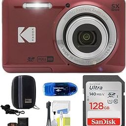 KODAK Pixpro FZ55 Digital Camera Bundle, Includes: SanDisk 128GB Memory Card, Hard Shell Camera Case, SD Card Reader and More (6 Items) (Red)-7